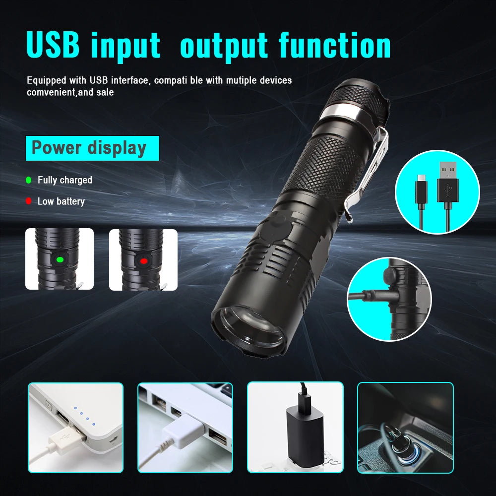 S11C Zoomable Flashlight 1000lm LH351D 5000K LED Torch Portable USB C Rechargeable 18650 EDC Lantern with Power Indicator
