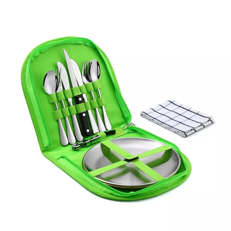 10Pcs Camping Tableware Set 304 Stainless Steel Picnic Cutlery Set With Tableware Storage Bag Portable Picnic Set Camping Dishes