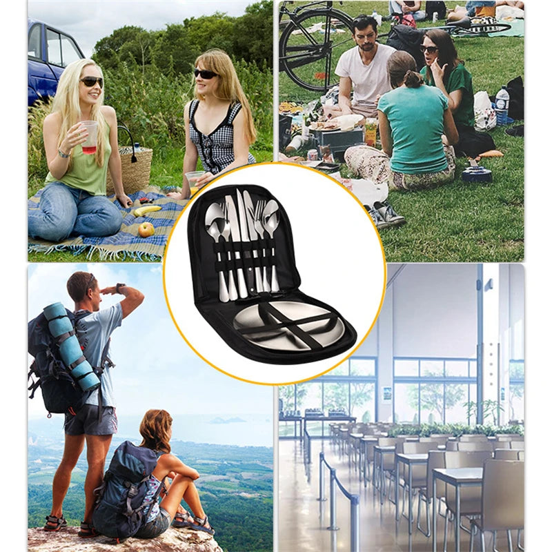 10Pcs Camping Tableware Set 304 Stainless Steel Picnic Cutlery Set With Tableware Storage Bag Portable Picnic Set Camping Dishes