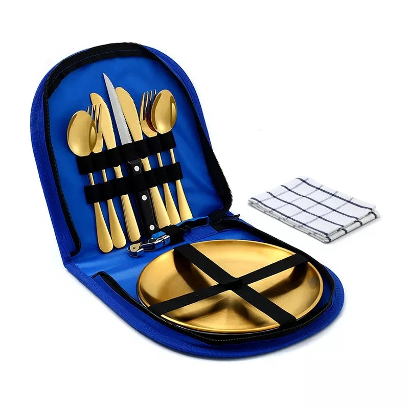10Pcs Camping Tableware Set 304 Stainless Steel Picnic Cutlery Set With Tableware Storage Bag Portable Picnic Set Camping Dishes
