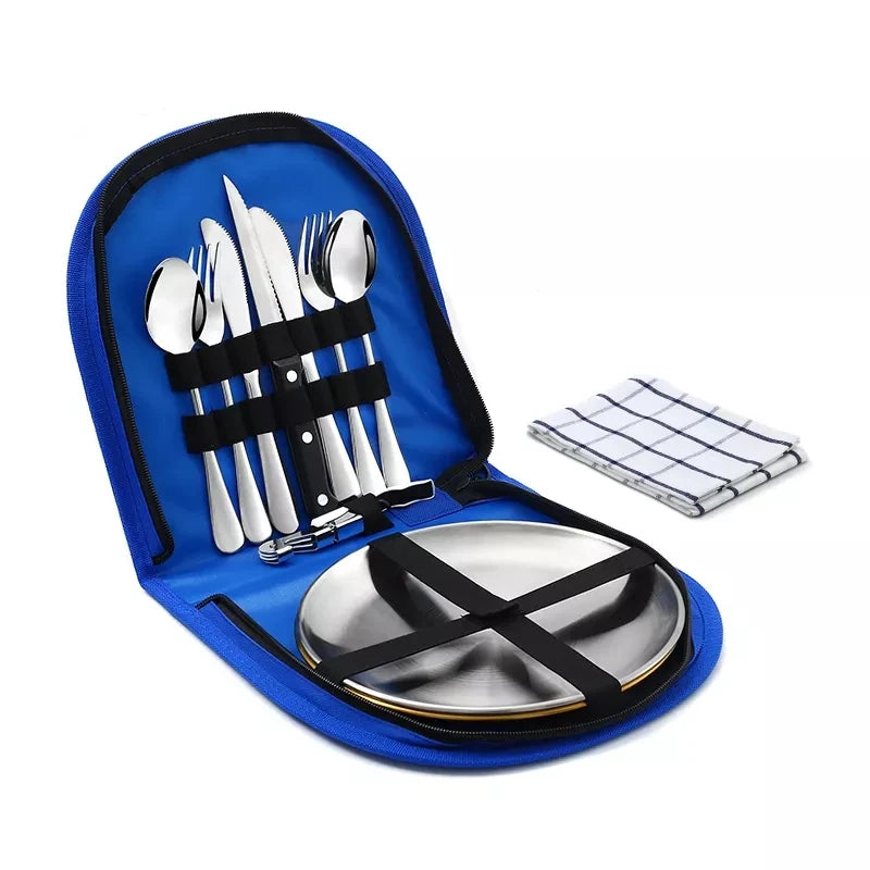 10Pcs Camping Tableware Set 304 Stainless Steel Picnic Cutlery Set With Tableware Storage Bag Portable Picnic Set Camping Dishes
