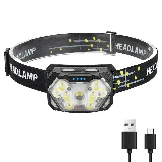 USB Rechageable Motion Sensor Headlight 9 Led Strong Light Headlamp Portable Fishing Camping Outdoor Head Lamp Work Flashlight