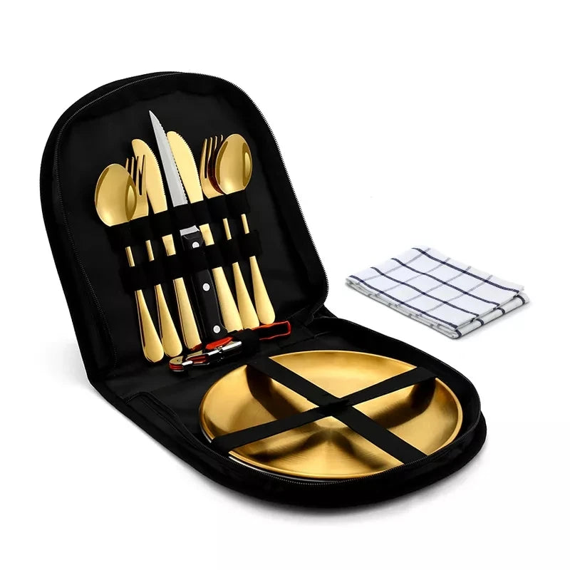 10Pcs Camping Tableware Set 304 Stainless Steel Picnic Cutlery Set With Tableware Storage Bag Portable Picnic Set Camping Dishes