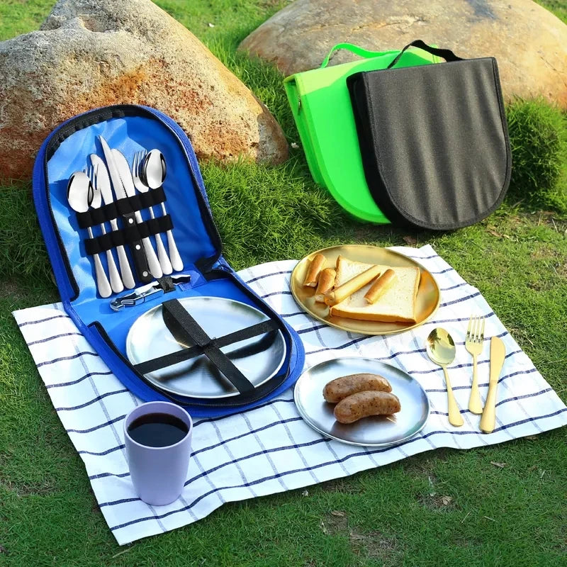 10Pcs Camping Tableware Set 304 Stainless Steel Picnic Cutlery Set With Tableware Storage Bag Portable Picnic Set Camping Dishes