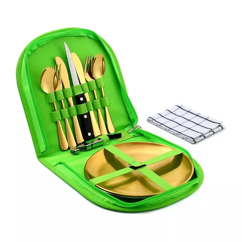 10Pcs Camping Tableware Set 304 Stainless Steel Picnic Cutlery Set With Tableware Storage Bag Portable Picnic Set Camping Dishes