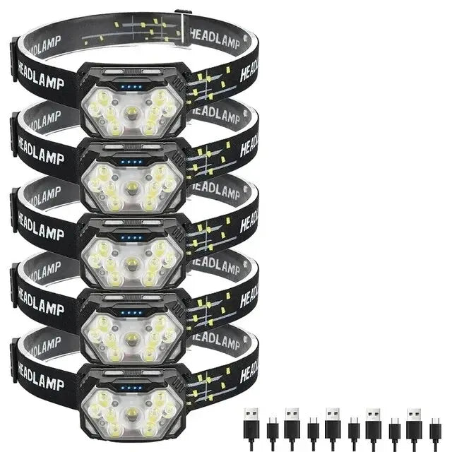USB Rechageable Motion Sensor Headlight 9 Led Strong Light Headlamp Portable Fishing Camping Outdoor Head Lamp Work Flashlight