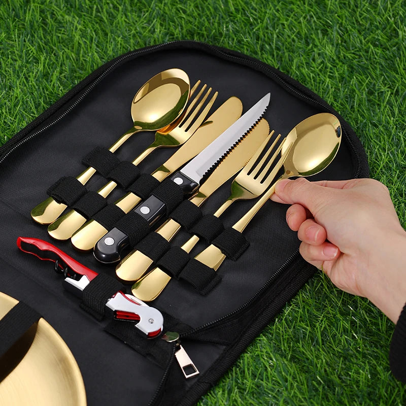 10Pcs Camping Tableware Set 304 Stainless Steel Picnic Cutlery Set With Tableware Storage Bag Portable Picnic Set Camping Dishes