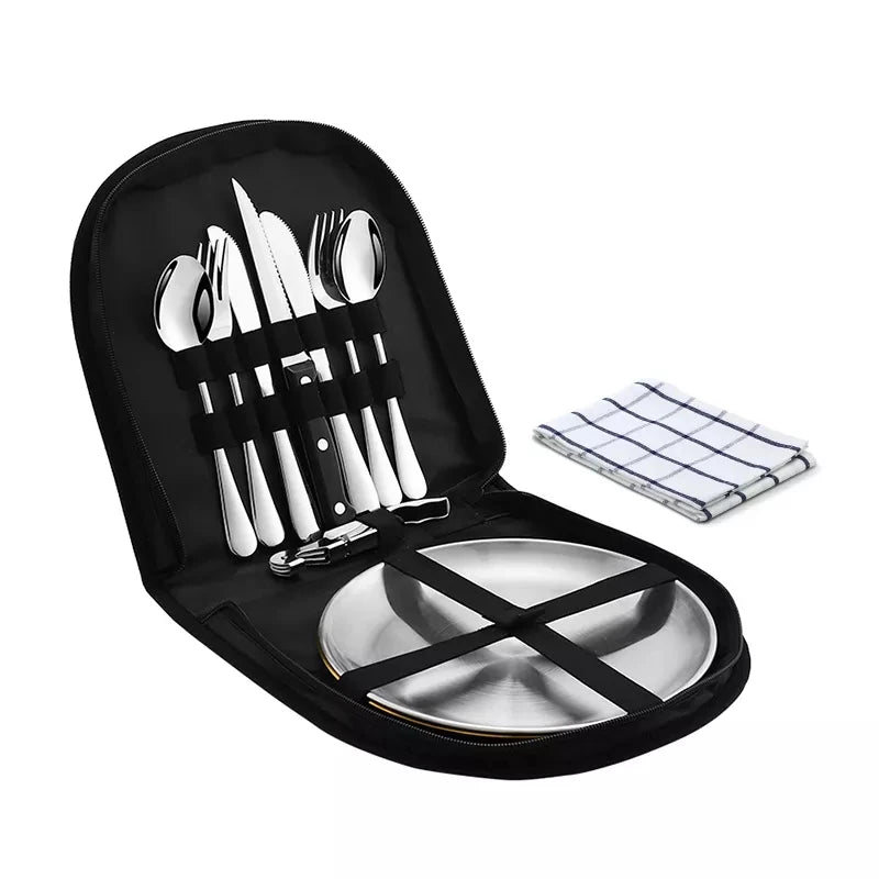 10Pcs Camping Tableware Set 304 Stainless Steel Picnic Cutlery Set With Tableware Storage Bag Portable Picnic Set Camping Dishes