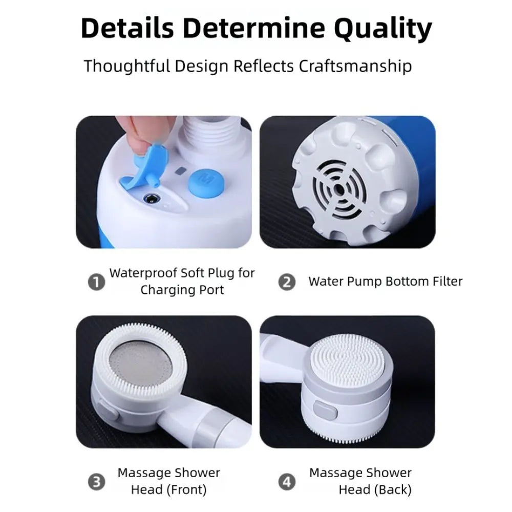 Temperature & Battery Digital Display Portable Camping Shower Waterproof 2 Spray Modes Electric Shower Lightweight Rechargeable