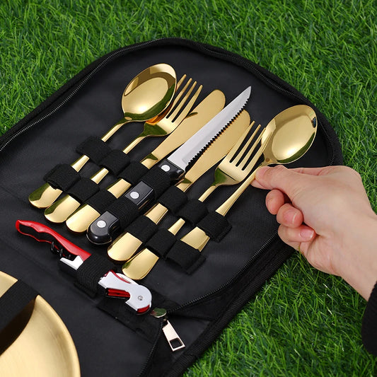 10Pcs Camping Tableware Set 304 Stainless Steel Picnic Cutlery Set With Tableware Storage Bag Portable Picnic Set Camping Dishes
